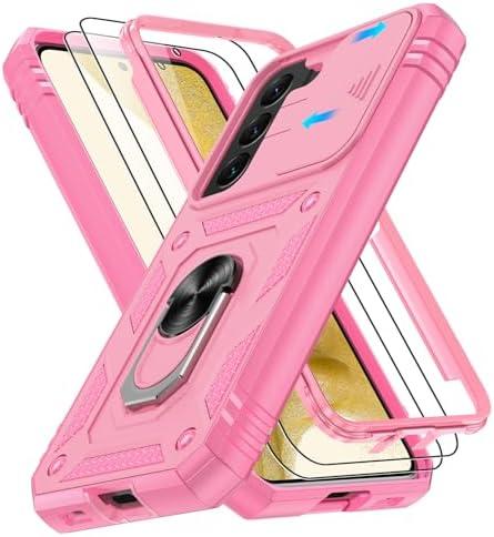 for Samsung Galaxy S22 Case with Slide Camera Cover & Screen Protector*2, 360 Rotating Ring Kickstand, Military Grade Protective Case for S22 Phone, Pink