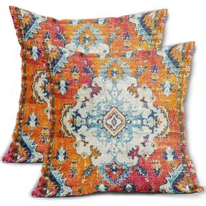 Orange Teal Boho Vintage Pillow Covers 18X18 Inch Bohemian Carpet Print Decorative Pillow Cases Antique Ethnic Indian Rust Throw Pillows Set of 2 Farmhouse Home Decor For Sofa Couch Porch Outdoor