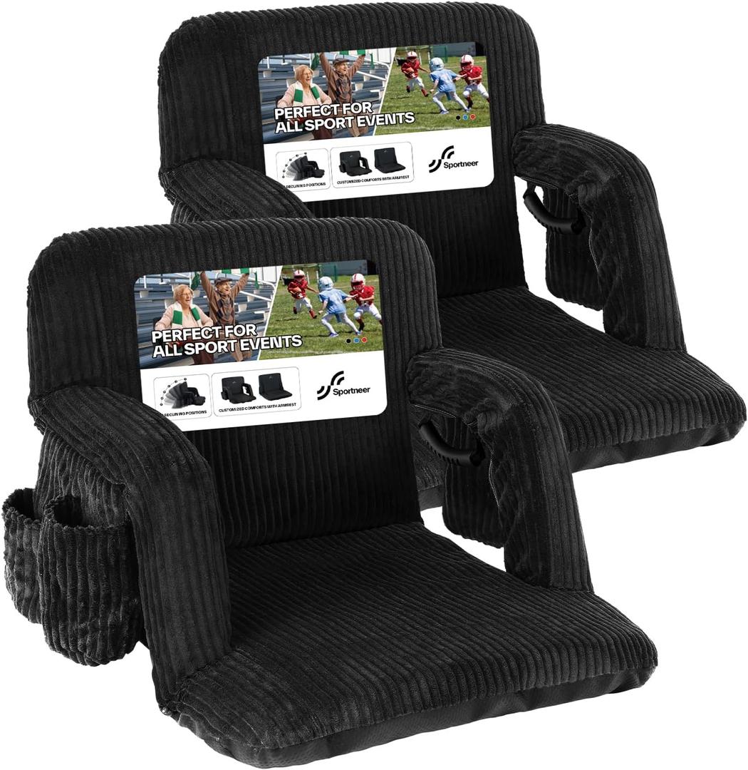 Sportneer Bleacher Chairs with Back and Cushion: 2.8" Thick Comfy Corduroy 6-Position Reclining Stadium Seats with 2 Large Pockets & 2 Cup Holders, Bleacher Seats for Outdoor Events - 2 Packs, 20.5"