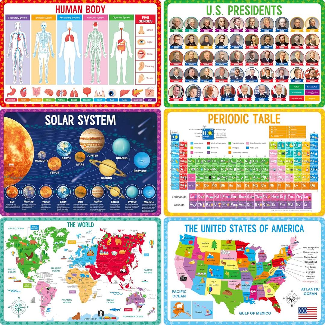 6 Pack Placemats for Kids, Non-Slip Washable, Reusable Universe, Periodic Table, US President, Human Body, Map of USA & World Educational Placemats for Home, Kindergarten, Classroom, Nursery