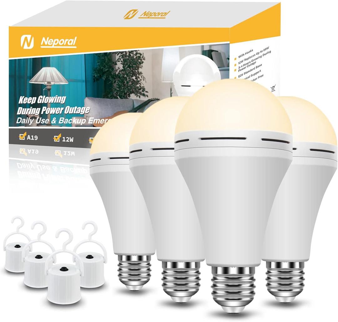 Neporal Emergency Rechargeable Light Bulbs Stay Light Up When Home Power Failure, 15W 80W Equivalent LED 1500mAh Self Charging Emergency Light Bulb for Power Outage, Camping, Tent (Warm White 4PK)