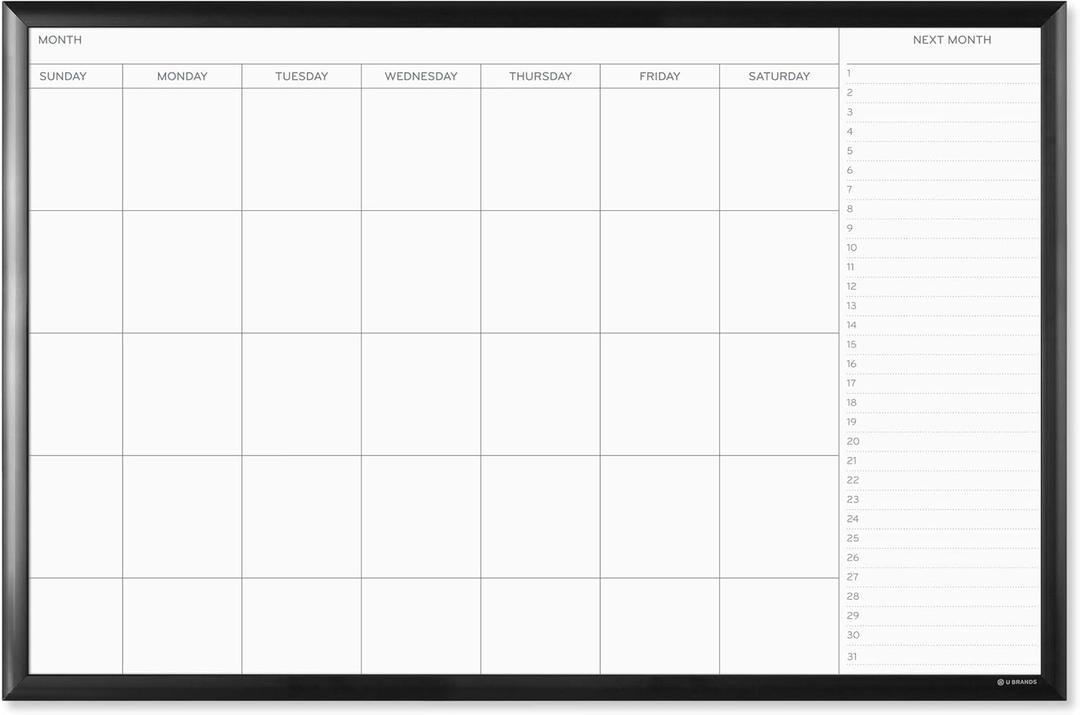 U Brands Magnetic Dry Erase Calendar White Board, 36" x 24" Inches, Black Aluminum Frame (2899U00-01)