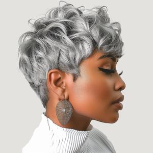 Gray Wig for Black People Pixie Cut Wig with Bangs Short Pixie, Curly Wig for Black Women, Fluffy Pixie Curly Wig for Women Natural Wavy Short Gray Pixie Cut (Grey)
