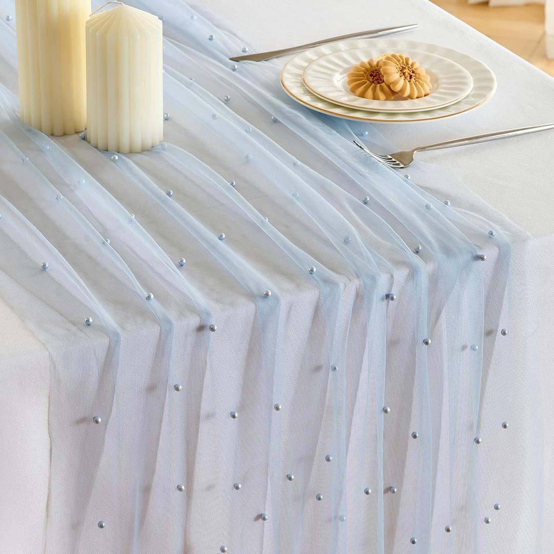 Fanami 6 Pack Pearl Table Runner -10FT Dusty Blue Boho Tulle Table Runners 120 Inches Long Rustic Sheer Lace Fabric Centerpieces for Wedding Arch Birthday Party Bridal Veil Baby Shower Decorations
