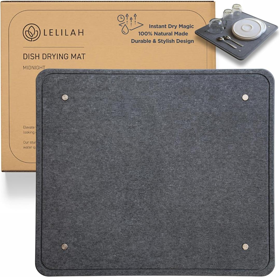 Large Stone Dish Drying Mat for Kitchen Counter | 18"x16" Super Absorbent Eco Diatomaceous Earth Stone Drying Mat w/ Stainless Steel feet | Non-slip | Heat Resistant & Odorless - Midnight Gray