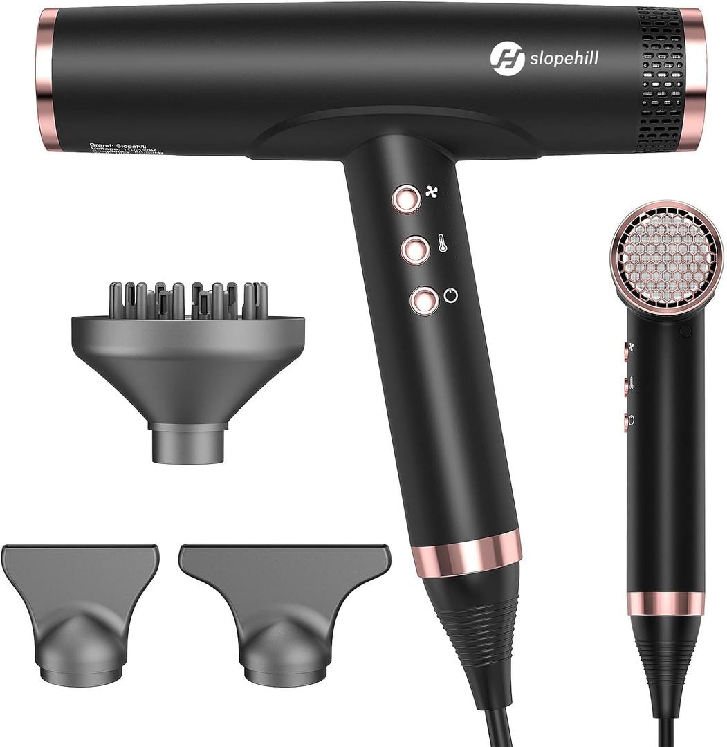 slopehill Professional Ionic Hair Dryer with Diffuser - Lightweight, Compact, Powerful & Fast Salon Blow Dryer with High Speed Brushless Motor for Travel, Women & Men Ceramic, Black LH1003