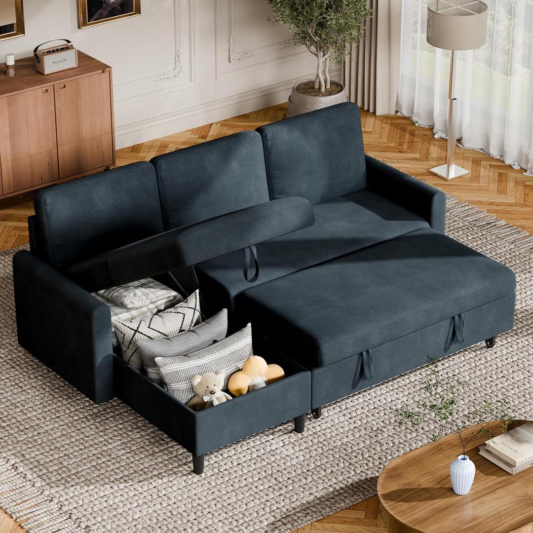 Shintenchi Sofa Couch, Pullout Sofa Bed,2 in 1 Pull Out Couch Bed with Storage Chaise for Living Room,Sleeper Sofa Couches Linen Sectional Sofa