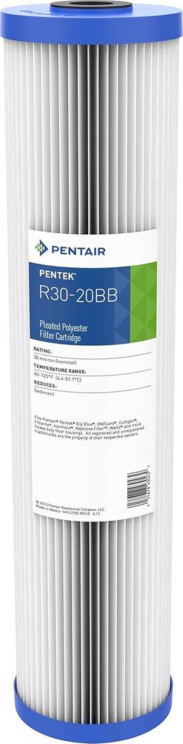 Pentair Pentek R30-20BB Big Blue Sediment Water Filter, Whole House Pleated Polyester Filter Cartridge, 20" x 4.5", 30 Micron, White