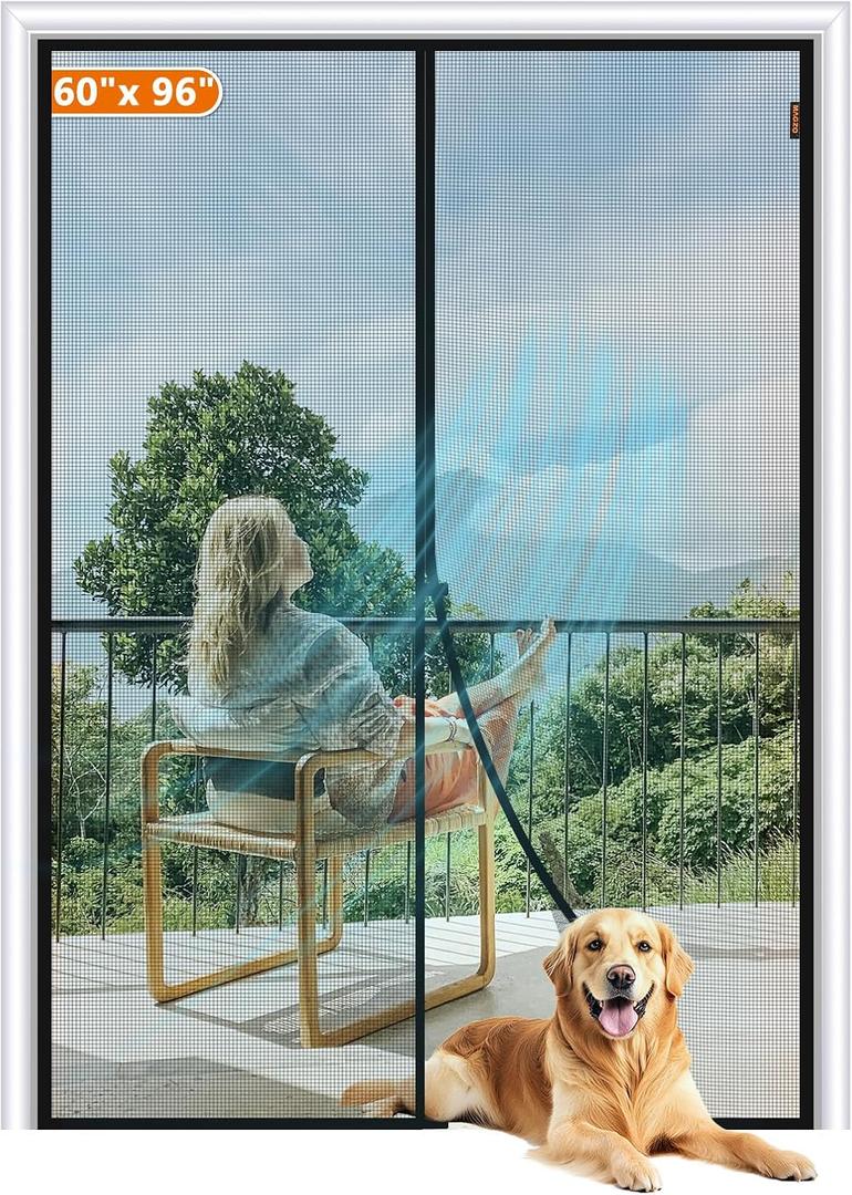 MAGZO Magnetic Screen Door Fit Door Size 60 x 96 Inch, Screen Size 62" x 97" Strong Magnet French Door Screen, Heavy Duty Fiberglass Door Mesh with Hook & Loop for Sliding Door, Gray