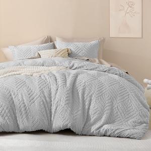 Litanika Light Grey Full Comforter Set, 3 Pieces Tufted Boho Farmhouse Bedding Comforter Sets, Lightweight Fluffy Comforter Bed Set for All Season (79x90In Comforter and 2 Pillowcases)
