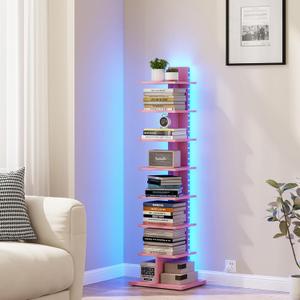 TUTOTAK Book Shelf, Narrow Spine Bookshelf, 8-Tier Bookcase with LED Lights | 10.4 x 13.4 x 47.5 Inches Vertical Freestanding Corner Shelf for Living Room, Office, Small Space, Pink BS06BP008L