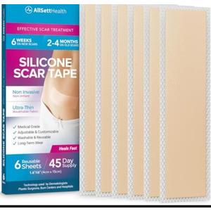 AllSett Health Silicone Sheets for Scars, Post Surgery, Tummy Tuck, CSection Recovery, Keloid Bump Removal, Stretch Marks Removal, Face Acne (6 Inch x 1.6 Inch)  Pack of 4