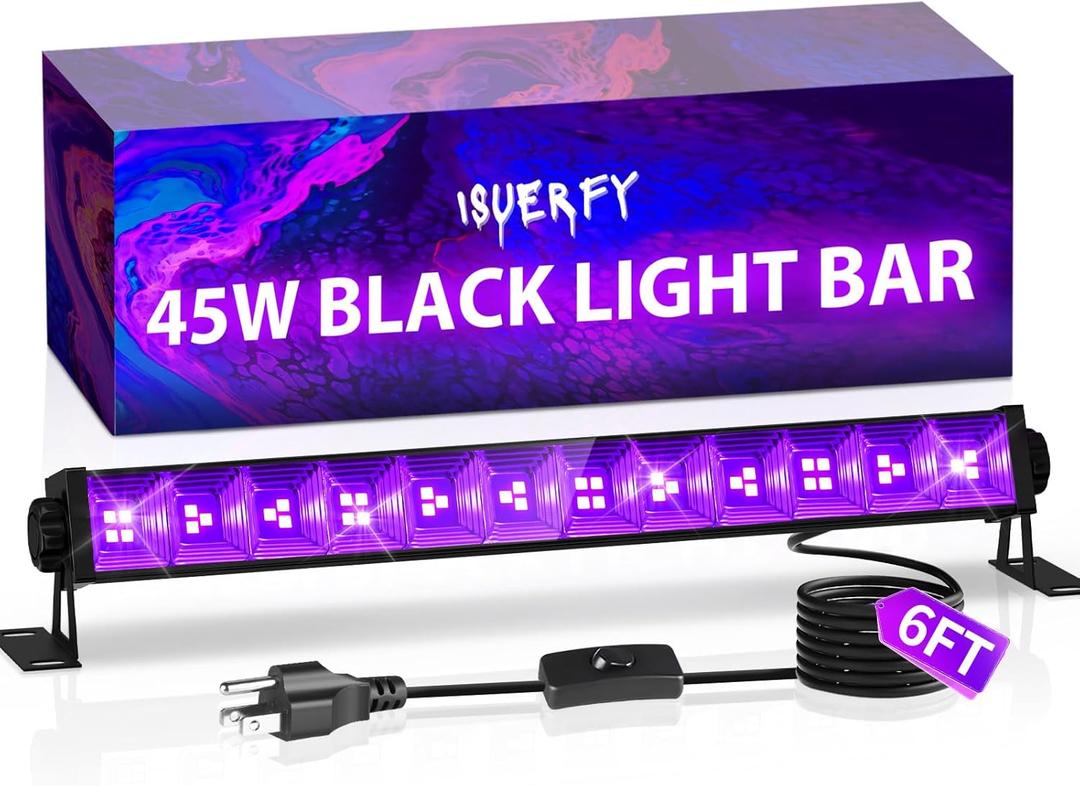 45W Black Light Bar with 6ft Cord+Switch, Each Light Up 25x25ft Area, LED Blacklight Flood Light for Neon Glow Party Body Paint Tapestry Poster Classroom Bedroom Halloween, 1 Pack