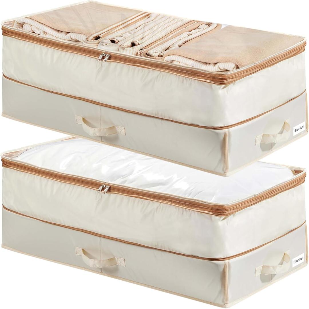 Under Bed Storage Containers, Stackable Beige Closet Organizers and Storage Bins, Lightweight Storage Bags with Clear Window for Bedroom, Dorm