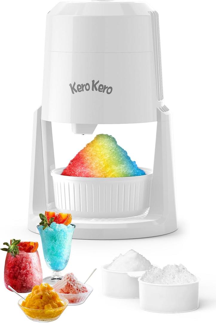 Kero Kero Snow Cone Machine - Shaved Ice Machine with 2 Ice Molds & Adjustable Blades - Ice Shaver for Fluffy or Crunchy Texture, Shaved Ice for Snow Cones, Slushies, Portable & Easy to Use. White