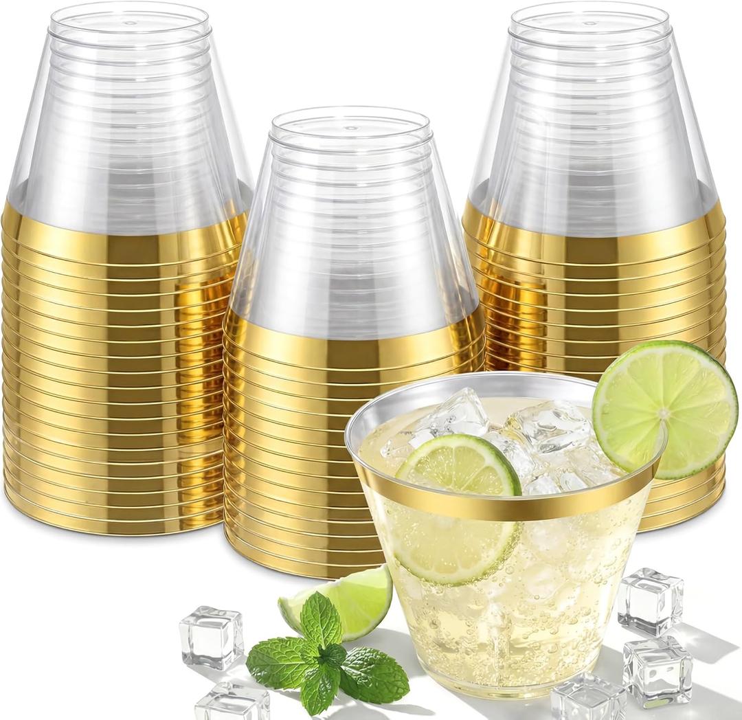 Nervure 120PCS Gold Plastic Cups - 9Oz Gold Rimmed Plastic Cups - Heavy Duty Disposable Clear Cup with Gold Rim Perfect for Weddings, Receptions & Parties