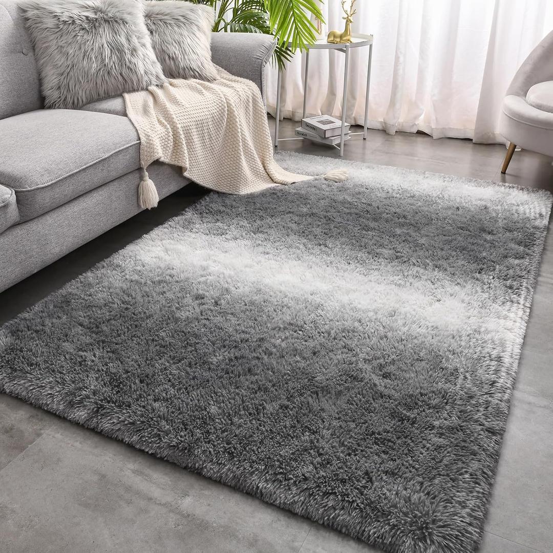 Meralax Gradient 5x8 Grey Rugs for Living Room Bedroom, Machine Washable Soft Fluffy Shaggy Gray Bedside Rug, Indoor Floor Carpet for Kids Girls and Boys, Dorms, Nursery Rooms, Home Decor Aesthetic