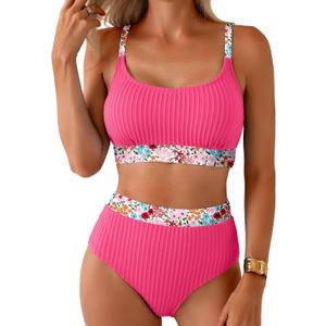 Herseas Women's Textured Bikini Sets Floral Print Trim Scoop Neck Swimsuits High Waisted Bathing Suits X-Large