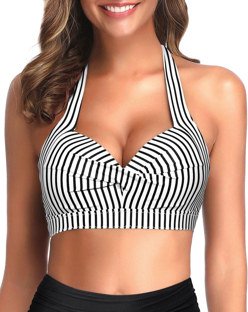 Tempt Me Women Halter Bikini Tops Push Up Retro Bathing Suits Padded Swimsuit Top Only No Bottom (Black Stripe), Large