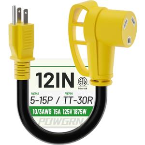 POWGRN RV 30 Amp to 110 Adapter 12 inch, Heavy Duty 10/3 Gauge RV Electrical Adapter, NEMA 5-15P Male to NEMA TT-30R Female, STW 10AWG 15A 125V 1875W, Black-Yellow, ETL Listed