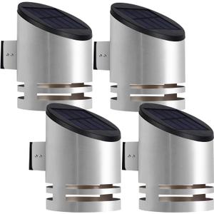 Dynaming 4 Pack Solar Wall Lights, Stainless Steel Cover Outdoor Wall Sconce Lights, Cordless LED Lights Auto On/Off Mounted Fence Deck Light, Waterproof for Garage Stair Patio Porch Barn Yard