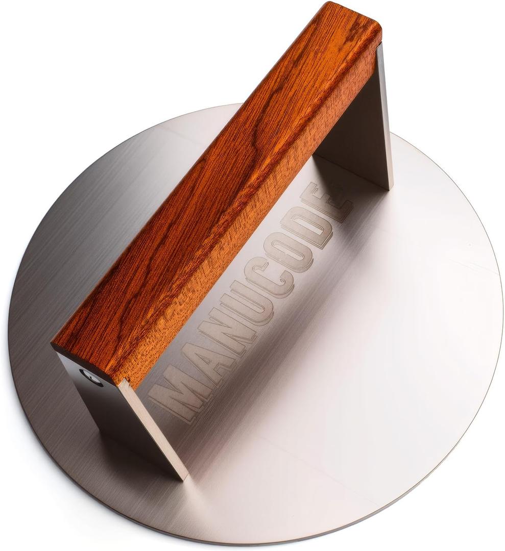 Smash Burger Press 8 Inch, 3.1 Lb Burger Smasher, Heatable for Searing Panini, Steak, Chicken, Salmon, Stainless Steel Bacon Press, Flat Bottom, Seasoning Free, Wooden Handle No Spin