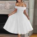 YMDUCH Women's Elegant Off Shoulder Short Sleeve A line Flowy Swing Cocktail Party Long Dress (White)