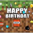 QGHOT Pixel Backdrop Happy Birthday Party Decoration 7x5Ft Video Game Themed Banner Gaming Gamer Photo Background for Kids Boy Cake Table Supplies Favors