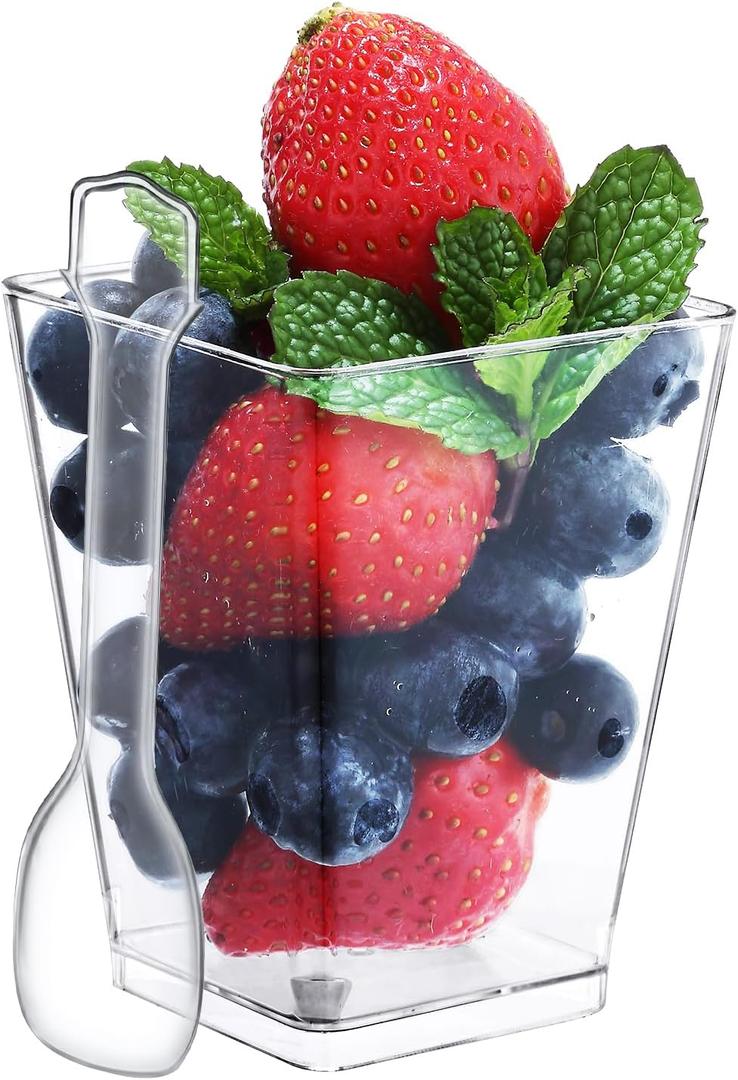 SHOPDAY 5 Oz-Plastic-Dessert-Cups: 120 Pack Square-Clear-Cups-with-Spoons, Parfait-Cups Appetizer-Cups Small-Plastic-Cups Mini Shooter-Cups for Party Yogurt Mousse, 120 Count