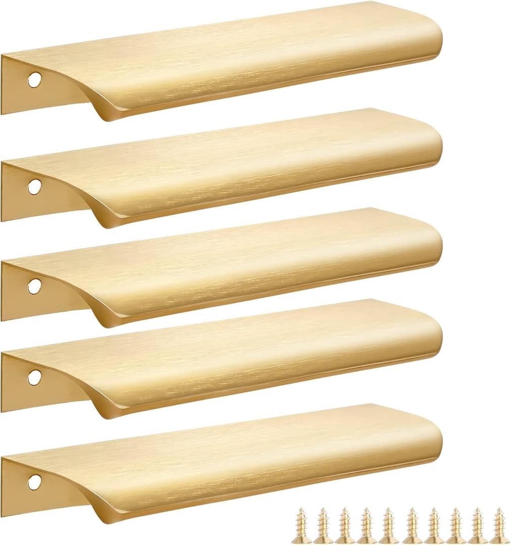 Malimali 5 Pack Modern Aluminum Cabinet Handles - Gold Finger Edge Pulls, 6" Brushed Brass Closet Door Pulls
