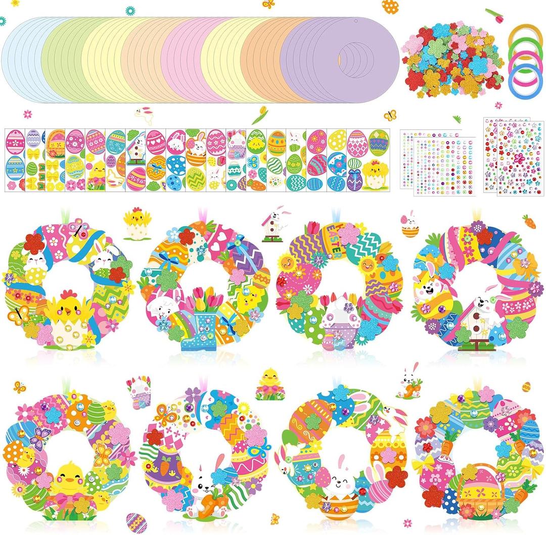 Hollowfly 48 Sets Easter Wreath Craft Kits DIY Wreath Hanging Ornaments Make Your Own Paper Craft with Stickers for Home Party Activities