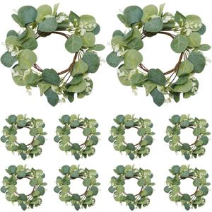 10 PCS Artificial Eucalyptus Wreaths, Candle Rings Wreaths, Candleholders Suitable for Family Gatherings, Holiday Decorations, Gift Selections, Celebration DecorOuter Diameter 25 cm