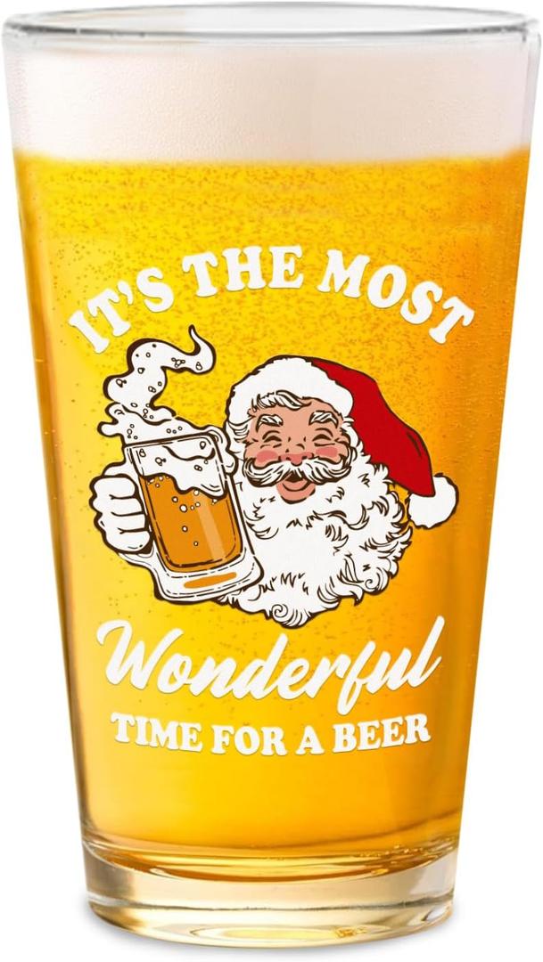 Funny Christmas Beer Glass for Men Women, 16 oz Holiday Glass Drinking Cups, White Elephant Gifts for Dad Husband Son Grandpa, Christmas Glass Cup Party Supplies Table Decor Stocking Stuffers