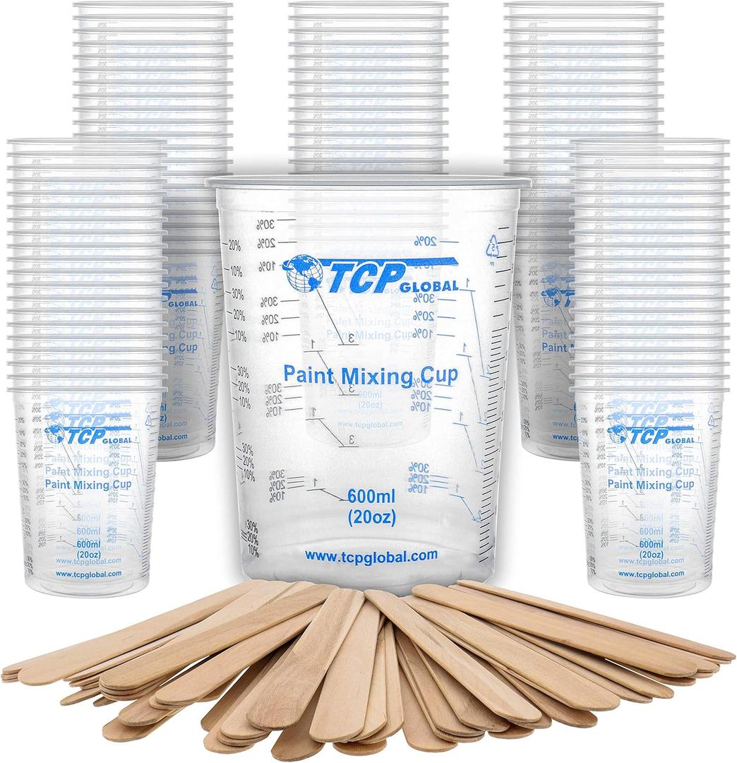 TCP Global 20 Ounce (600ml) Disposable Flexible Clear Graduated Plastic Mixing Cups - Box of 100 Cups & 50 Mixing Sticks - Use for Paint, Resin, Epoxy, Art, Kitchen - Measuring Ratios 2-1, 3-1, 4-1 ML