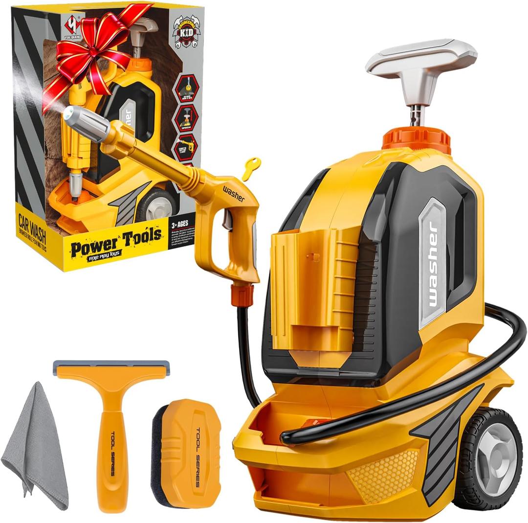 Kids Clean Car Wash Toy - Kids Power Washer with Scraper Sponge Towel, Manual Pressure, Adjustable Water Gun Spray, Pretend Play Tools Role Playing Cleaning Toys Gift for Toddler Boys Girls Ages 3+