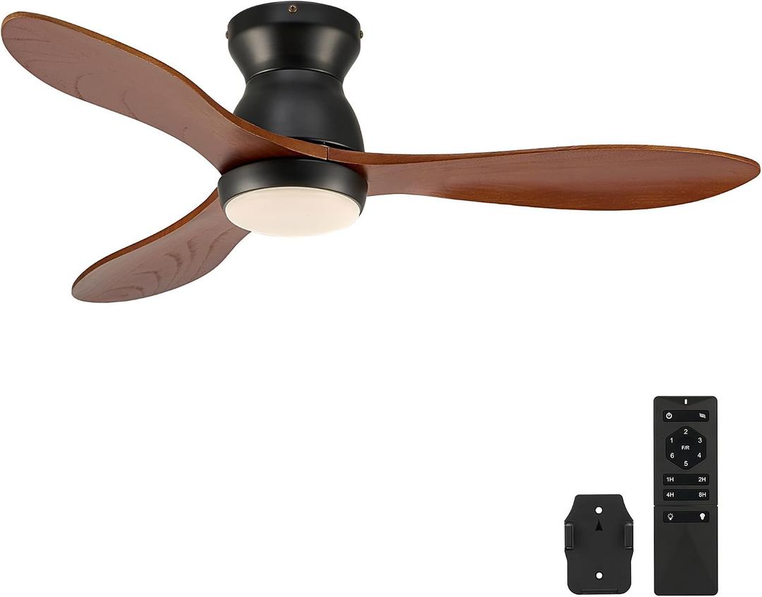 VONLUCE 42 Inch Ceiling Fan with Lights, Flush Mount Wood Ceiling Fan and Remote, 6-Speeds Quiet Reversible DC Motor, 3CCT, Natural Wood 3 Blades Outdoor Ceiling Fan for Patios Farmhouse, Black