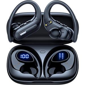 Wireless Earbuds Bluetooth 5.3 Headphones 90 Hrs Playtime Earbuds with Wireless Charging Case Over-Ear Sports Earphones Waterproof Deep Bass Headset (Black)