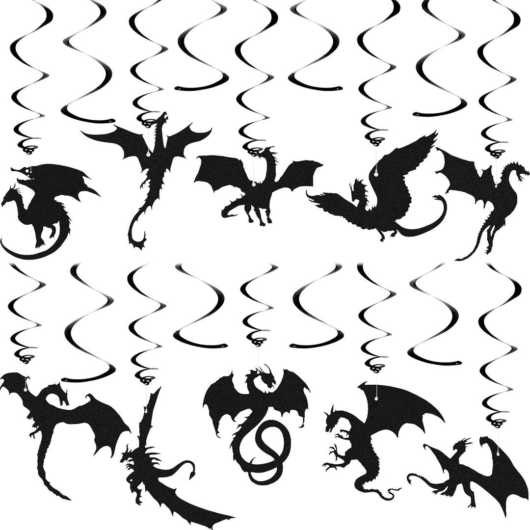 Sumind 30 Pcs Dragon Party Decoration Swirl Foil Hanging Ceiling Decoration for Dragon Themed Birthday Medieval Themed Party, 10 Designs(Black)