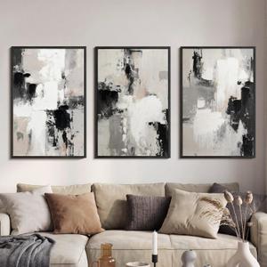 Modern Neutral Abstract Canvas Wall Art Set of 3, Extra Large Black White Gray Triptych Hand Painted Artwork 24x36, Solid Wood Framed Contemporary Minimalist Living Room Bedroom Office Decor, 24"x36"x3pcs