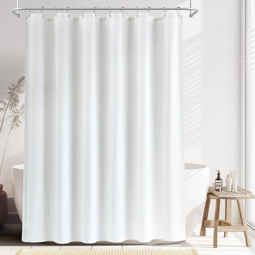 White Linen Shower Curtain, Boho Farmhouse Shower Curtain Set for Bathroom, 200GSM Luxury Weighted Water Resistant Fabric Textured Shower Curtains with 12 Metal Hooks, 72Wx72H
