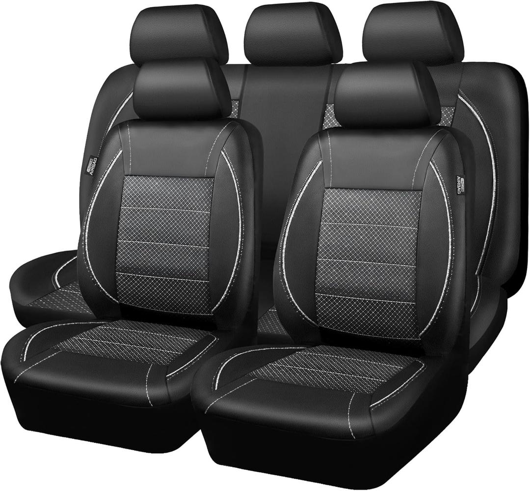 CAR PASS Piping PU Leather Car Seat Cover Full Set, Inside Zipper Design and Reserved Opening Holes, Airbag Compatible,Universal FIT for Car, SUVs,Van,TrucksFull Set, Black & Silver