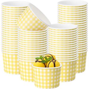 Nuanchu 100 Pack 9 oz Gingham Treat Snack Cups Yellow and White Checkered Disposable Paper Cups for Dessert Ice Cream Bowls for Snacks Soup Hot Cold Food Wedding Birthday Baby Shower Decorations