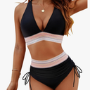 Blooming Jelly Women High Waisted Bikini Sets Tummy Control Swimsuits Color Block Two Piece Drawstring Bathing Suit Size L