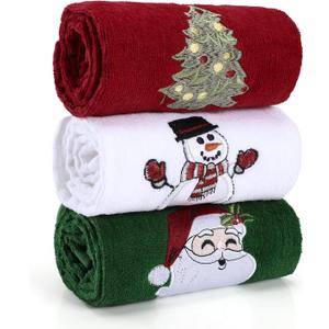 Us Beipin Christmas Hand Towels - Set of 3 Kitchen and Bathroom Towels - Cotton, 18x25 Inches - Embroidered Holiday Design - Decorative Dish Towels in 3 Colors Red, Green, White