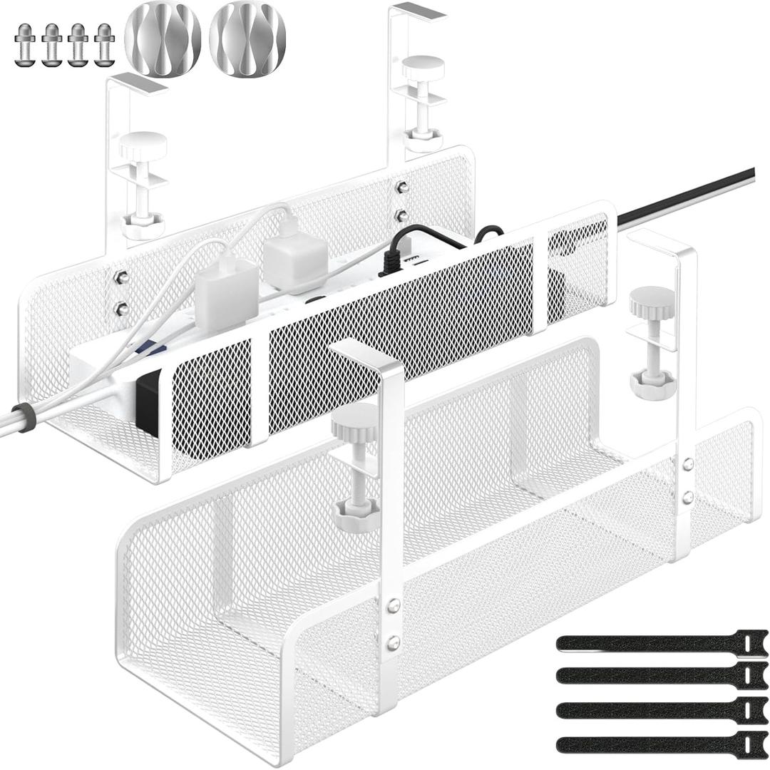 Under Desk Cable Tray - Wire Management Organizer Box, Cord Raceways for Office, Home - No Damage, No Drill (2 Packs-White)