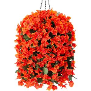 INSPRING Artificial Bougainvillea Faux Flowers Plants Baskets for Outdoor Outside Decoration, 3PCS Fake Silk Flowers Long Trailing Vines UV Resistant Realistic for Front Door Porch Patio (Orange)