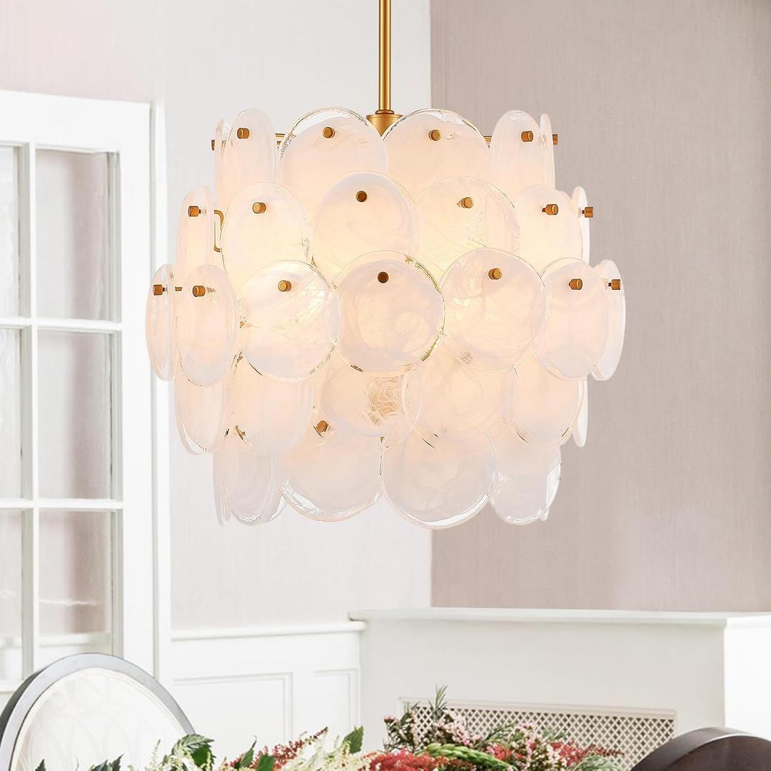 Dia 16.5 Inch, Modern Glass Chandelier for Foyer, Gold Dining Room Light Fixture, Large Vintage Pendant Chandelier for Bedroom Entryway Farmhouse