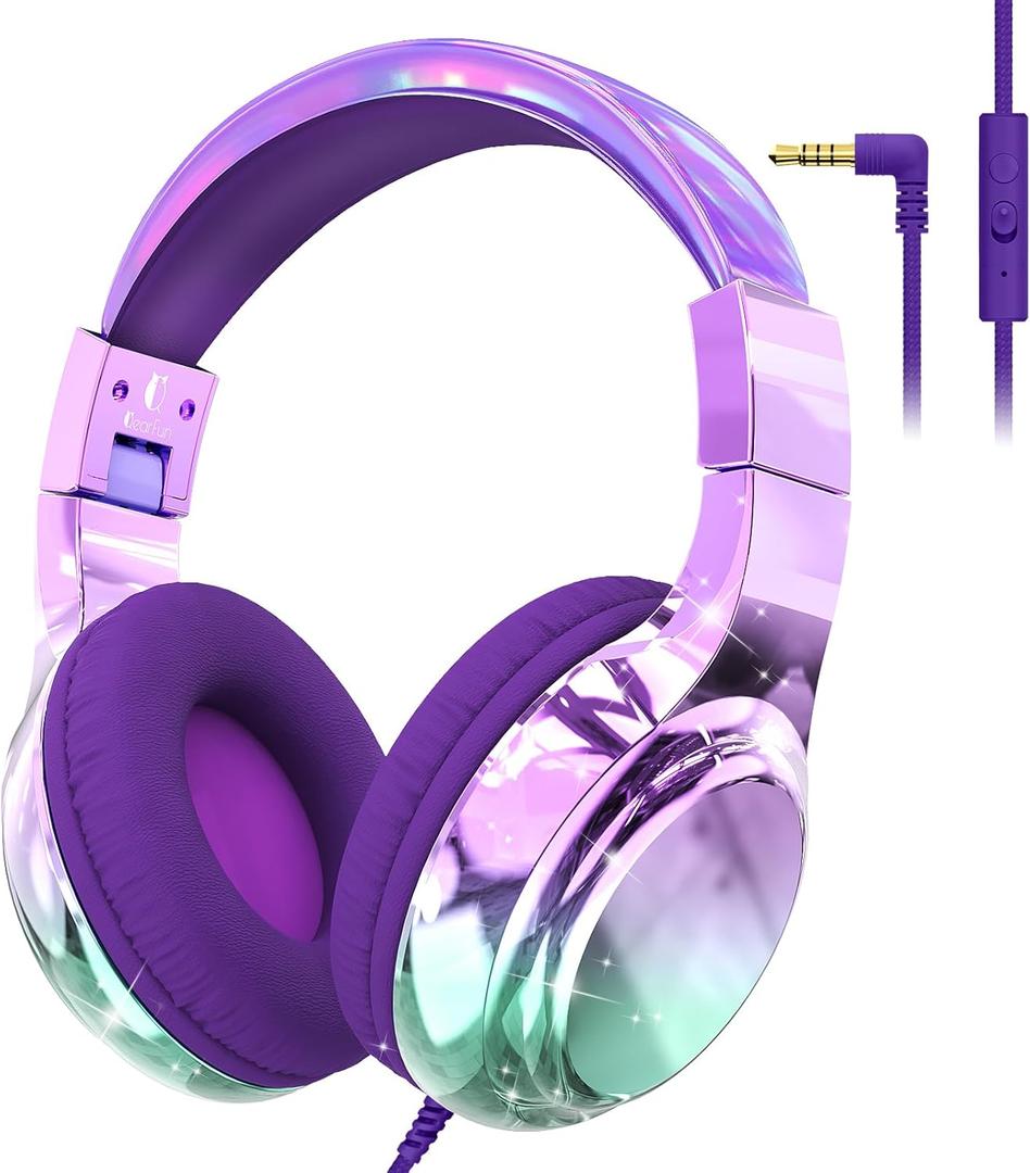 QearFun Kids Headphones Wired with Mic, 85/94dB Safe Volume Limit, Foldable Over Ear, Tangle-Free Cord & Sharing Port, Wired On-Ear Headset for School, Chromebook, Tablet, Travel - Boys & Girls (Deep purple)