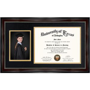 GraduationMall 11x19 Mahogany Diploma and Photo Frame for 8.5x11 Certificate,5x7 Picture,Real Glass,Black over Gold Double Mat