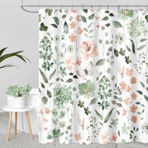 Cute Floral Shower Curtain, Sage Green Flower Fabric Shower Curtains for Bathroom, Spring Summer Wildflower Butterfly Cloth Shower Curtain Set with Hooks, 72x72